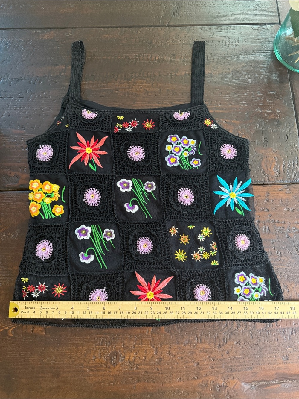Boho Floral Granny Square Crochet Tank Top Black Embroidered Mesh M - Picture 8 of 12
